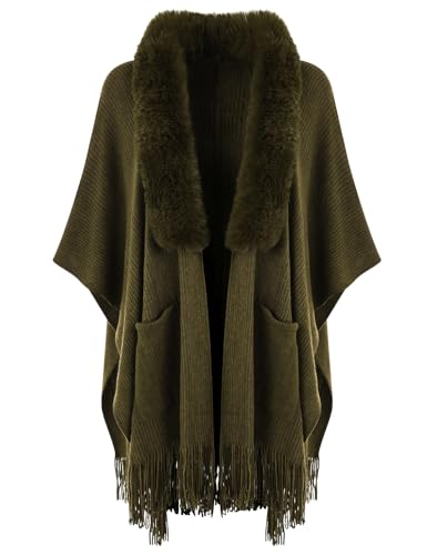 Ferand Shawl Wraps for Women with Pockets, Open Front Poncho Cape, Army Green Faux Fur Collar