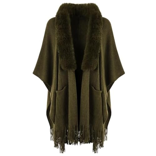 Ferand Shawl Wraps for Women, Cozy Lightweight Poncho Cape with Pockets, Warm for Fall Winter Travel One Size Army Green With Faux Fur Collar