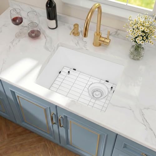 Image of White Bar Sink,White Granite Composite Kitchen Sink With Accessories,19 Inch Undermount Quartz Stone Kitchen Sinks, 19 inch x 17 inch x 9 Small Kitchen Sink with Offset Drain
