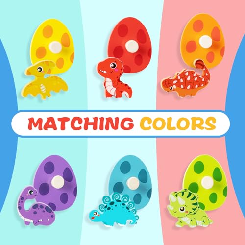 TOHIBEE Wooden Puzzles Montessori Toys for Toddlers 1-3, Dinosaur Eggs Peg Puzzles, Preschool Education Learning Toys for Boys and Girls, 6 Brightly Color Cute Dinosaur Shapes - Thumbnail 4