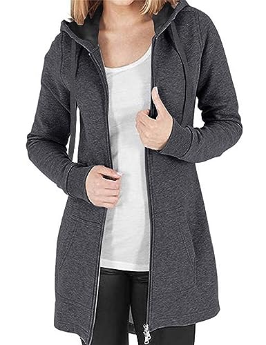 Felpe con Cappuccio Donna Manica Lunga Cappotto con Zip Cappotto Scollo a V Top Casual Chic Eleganti Tinta Unita Felpa Cardigan Autunno Invernali Felpe,Grigio Scuro M