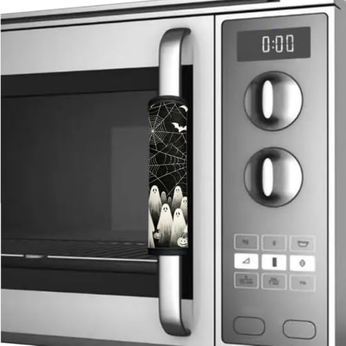 Image of Fridge Door Handle Covers Set of 6 Kitchen Appliance Decor Handles Glove Anti-Slip Protectors Washable Fabric Refrigerator Decor Accessories, Ghost Spider-Web Print Black