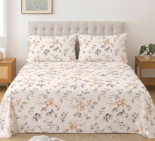 Image of IVAZA 240 TC Soft Ezyption Cotton Floral Print King Size Bedsheet - with 2 Pillow Covers, Hypoallergenic, Brethable, (Size- 90 x 90 Inch) Champagne Peach