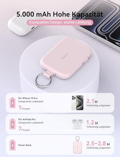 Batería externa de 5000 mAh RORRY con cable integrado en color rosa para móviles 5