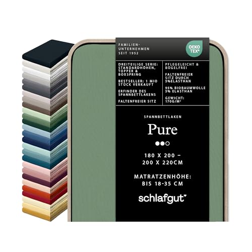schlafgut Pure Spannbettlaken 95% Bio Baumwolle & 5% Elasthan Made in Green by Oeko TEX (180x200cm bis 200x220cm Matratzenhöhe von 18 bis 35 cm, Green Mid)