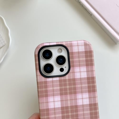 ZUDIISO Pink Plaid Checkered Case for iPhone 14 Pro, Aesthetic Preppy Retro Gingham Pattern Protective Shockproof Slim Hard Shell Cover for Women Girls (Pink & Brown, for iPhone 14 Pro) by ZUDIISO - Used condition - Image 2