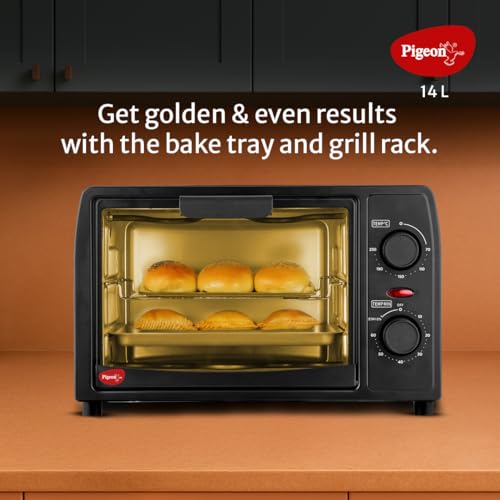 Pigeon Oven Toaster Grill 14 Liters OTG| 900 Watts| Toast, Grill, Bake & Roast | Heat Resistant Tempered Glass| Black