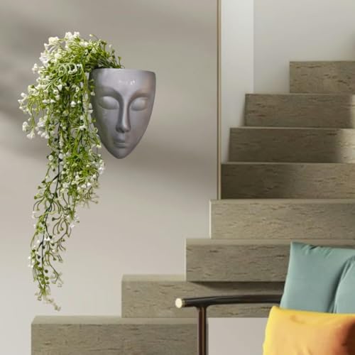 Image of Ceramic Lady Face Wall Hanging Planter | 17.5 x 13.5 cm Abstract Face Vase for Indoor Wall, Living Room, Balcony & Home Decor (Grey)