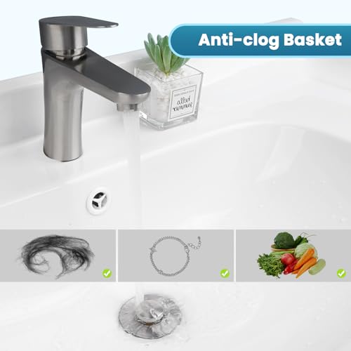 Image of Universal Metal Bathroom Sink Drain Stopper, 2-in-1 Pop Up, Brushed Nickel | Sink Strainer with Anti-Clogging Filter Basket Fit for Standard 1 inch-2.3 inch Basin Drain Holes, Anti-Clog
