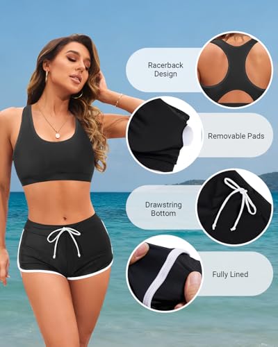 Image of Women Two Piece Sporty Bikini Set Athletic Swimsuits with Boy Shorts Bottom | Racerback, Crop top, Drawstring, Bathing suits, Mid Rise, Padded bra, Full lining, Scoop neck, Full coverage