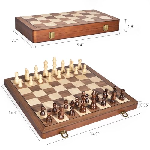 Image of ELONGDI 15 inch Wooden Chess Set with Magnetic Pieces - Extra Queens - Folding Chessboard Portable Travel Tournament Chess Board Games for Adults Kids