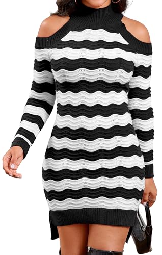 Image of sexycherry Women's Sexy Winter Sweater Dresses Cold Shoulder Pullover Dress