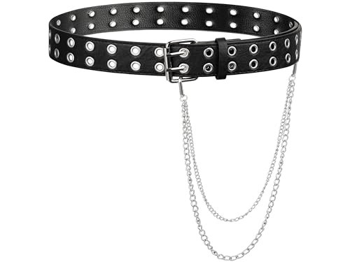 Sacina Black PU Leather Belt With Detachable Chain, Emo Punk Grunge Jewelry, Gothic Black Studded Belt for Women, Goth Accessories