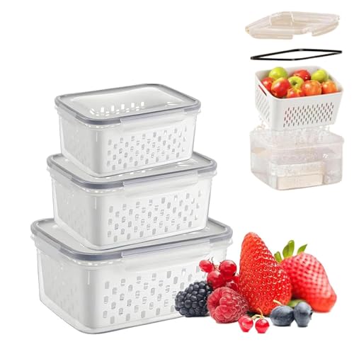 QUROXO 3Pack Fruit Storage Containers for Fridge with Removable Colander, 4 in 1 Food Storage Container, Leakproof Fridge Organizer Bins for Salad Berry Lettuce Meat Keep Fresh (Gray, S+M+L)