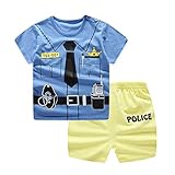 Treer Kinder Pyjamas Baumwolle Kurzarm Pajama Set, Sommer Rundhals Schlafanzüge Kinder Snug-Fit Zweiteiliger Baby Bekleidungsset Kleinkind Jungen Mädchen Nachtwäsche (110cm,Blaue Polizei)