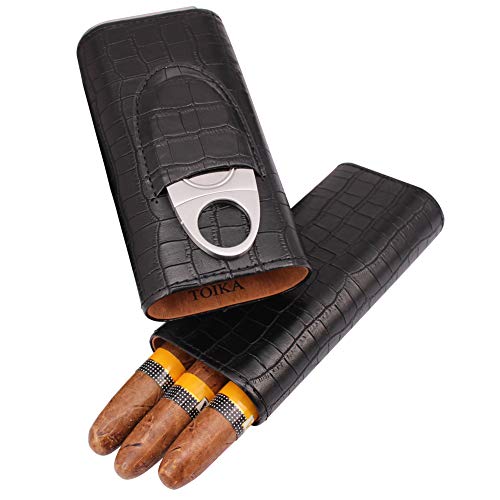 Toika 3 Tubes Classic Black Crocodile Pattern Leather Cigar Case Humidor With Cedar Wood Lined In Gift Box, Cigar Cutter Contained #TOP1