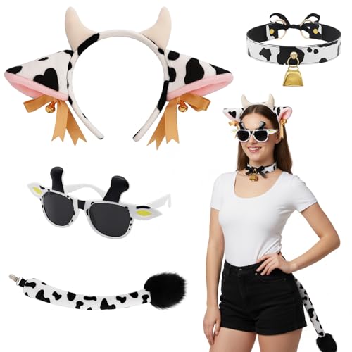 BrKern Kuh Kostüm Set für Damen & Herren - Kopfband mit Ohren & Hörnern, Leder Halsband mit Glocke & Schwanz - Tier Verkleidung für Karneval &...