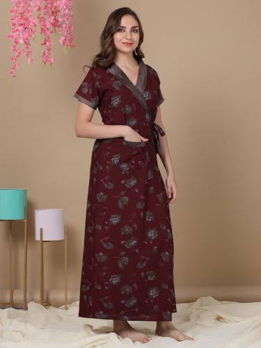 Image of 9shines Label Stylish Cotton Nighty Robe for Women | Front Open Floral Housecoat | Wrap Nighty with Pocket | Adjustable Waist Tie | Plus Size housecoat (HC-2026)