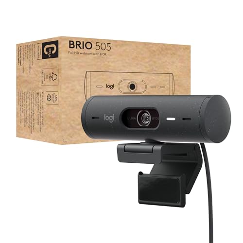 Logitech Brio 505 Full HD-Webcam mit automatischer Belichtungskorrektur, Auto-Framing, Präsentationsmodus, 2 Mikrofonen mit Geräuschunterdrückung, Abdeckblende - Msft Teams, Google Meet, Zoom - Grau