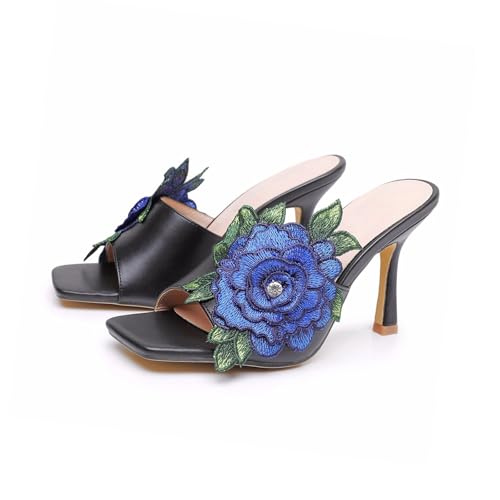 Women Square Toe Stiletto Flower Heels Elegant Floral Embroidered Slip On High Heels Mules Sandals Wedding Party Dress Shoes