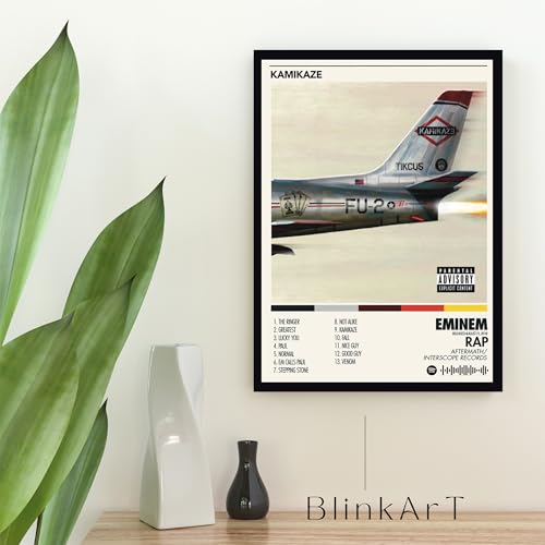 Image of BLINKART Eminem - Kamikaze Wall Photo Frames | Wall Art for Bedroom, Living Room, Studio or Office | Album Cover Print with Spotify Song Link QR Code | Gift for Fans - 8x12 In