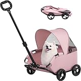 La La Pet 4-Wheel Dog Stroller with Sunshade Cover Collapsible Mesh Canopy Portable Pet Carrier for Outdoor Travel Shopping Walking Suitable for Small Dogs and Cats Pink