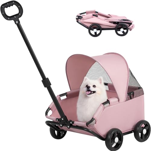 La La Pet 4-Wheel Dog Stroller with Sunshade Cover Collapsible Mesh Canopy Portable Pet Carrier for Outdoor Travel Shopping Walking Suitable for Small Dogs and Cats Pink