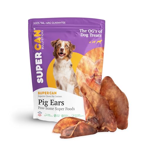 SUPER CAN BULLYSTICKS Natural Pig Ears, Premium Graded Pork Chews for All Dog Breeds.