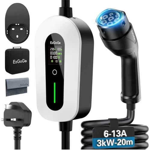 EzGoGo EV Charger Cable Type 2 to 3 Pin Plug 65.62Ft/20M Electric Car Charger 3kW, [6/8/10/13A] Type 2 Charging Cable 3 Pin EV Charger IP65 Advanced Protection Suitable for EVs & PHEVs