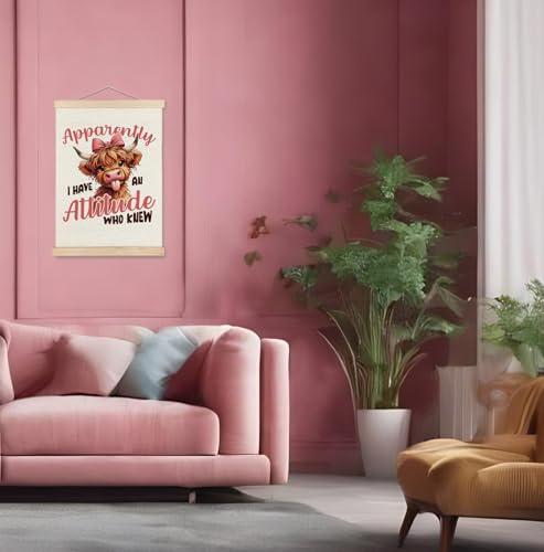 KRHFG Funny Pink Highland Cow Wall Art Poster Framed, Cow Lover Gifts for Women, Sarcastic Western Cow Hanging Canvas Prints Wall Decor for Home Office, 12x16 Inch