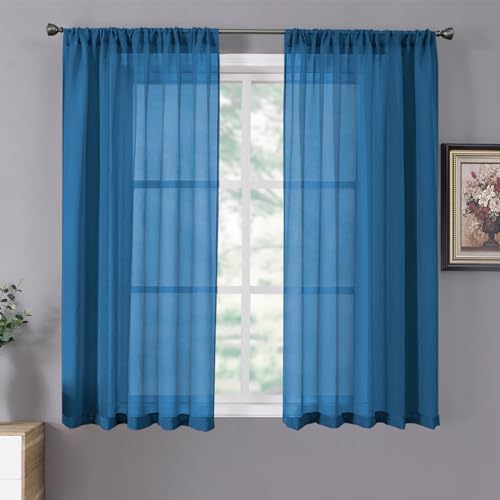 Tollpiz Short Sheer Curtains Linen Textured Living Room Curtain Sheers Light Filtering Rod Pocket Voile Curtains for Bedroom, 42 x 45 inches Long, Classic Blue, Set of 2 Panels