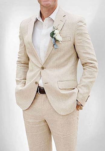 Linen 2 Piece Suits for Men Slim Fit Blazer Pants Set Wedding Summer2
