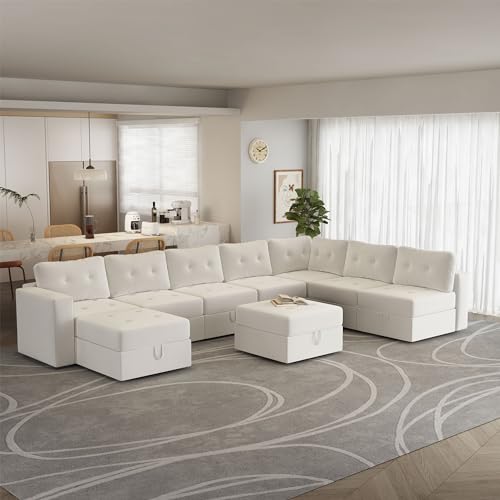 Image of QHITTY Large Sectional Modular Sofa, 9 Seater Accent Couch with Hidden Extra Large Storage Space for Living Room, Beige White