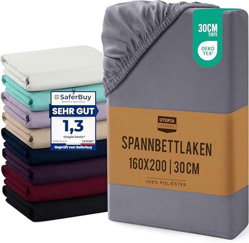 Utopia Bedding - Spannbettlaken 160x200cm Bis 30 cm - Grau | 100% Polyester Mikrofaser Spannbetttuch - Oeko-Tex Zertifiziertes - Spannbettlaken für Babybett