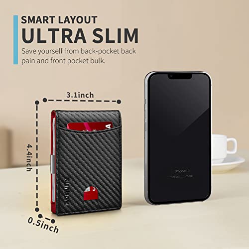 Runbox Red Wallet For Men Slim 11 Credit Card Holder Slots Leather Money Clip Rfid Wallet Blocking Small Thin Men's Wallet Bifold Minimalist Front Pocket Large Capacity Gift Box Carbon #TOP2