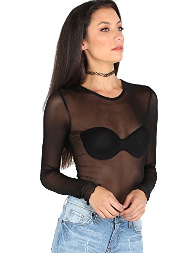 Floerns Women's Long Sleeve Slim Fit See Through Sheer Mesh Top Black S