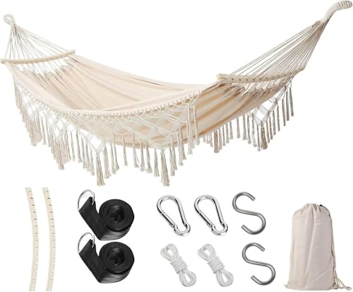 Zarmanuae Hammock Hanging Swing, Wide Seat Indoor Outdoor Handmade Cream Cotton Hammocks with Tie Straps Steel Hooks Crescent Wooden Poles and Carry Bag for Bedroom Patio Backyard Balcony Garden