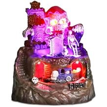 Halloween Village Houses Decorations, Lighted Haunted House with Animated Train and Scary Music, Resin Spooky Skull Village Collections for Holiday Party Table Indoor Home Decor