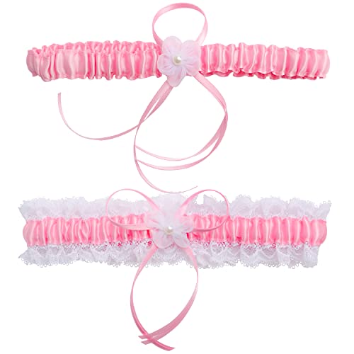 Lace Wedding Garters For Bride Pearl Stretch Prom Garter, Women Wedding Bridal Legs Garter Set (Pink) #TOP7