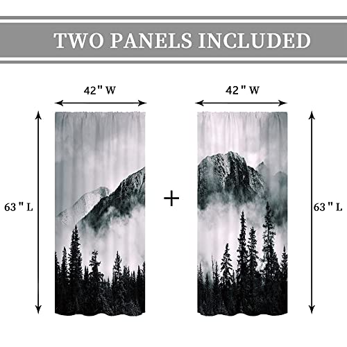 Cinbloo Men Mountains Curtains Rod Pocket Misty Forest Bedroom Decor Grey Black Tree Woodland Scenic Foggy Wood Landscape Masculine Nature Art Printed Living Room Window Drapes 2 Panels 42W X 63L Inch #TOP3