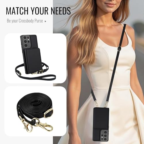 Phone Case for Samsung Galaxy S21 Ultra 5G Wallet Cell Cover with Tempered Glass Screen Protector Wrist Crossbody Strap RFID Blocking Stand Credit Card Holder S21ultra 21S S 21 21ultra G5 Women Black by Asuwish - Used condition - Image 4