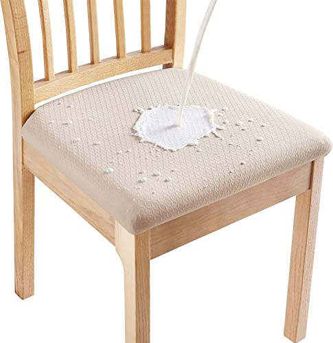 smiry Lot de 4 housses de siège imperméables pour chaises de salle à manger en jacquard, extensibles, amovibles et lavables, sans housses arrière, beige Cover