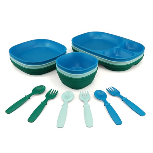 Image of MightyMoe Toddler Dinnerware Set, 15pc Plates Bowls & Trays - Made in USA, Microwave and Dishwasher Safe, BPA Free, Shatter Resistant, Ocean Color, Toddler Tableware