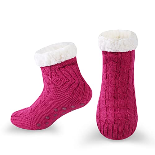 WOTENCE Damen Hausschuhe Socken ABS Sohle Nicht Gleiten Strick Fleece Gefütterte Warme Anti-Rutsch Socken Winter Socken Haussocken Home(Rose) Cover