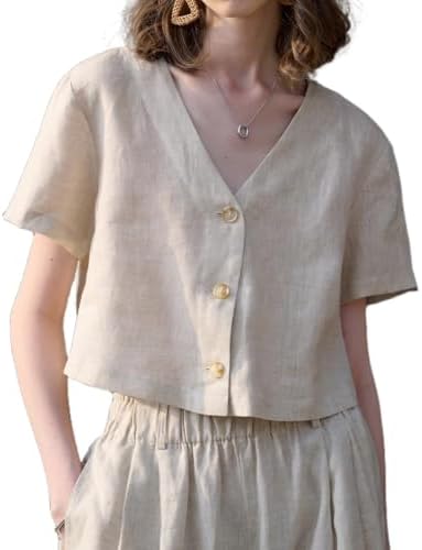 Women's Solid Color Linen V Neck Button Cardigan Temperament Comm...