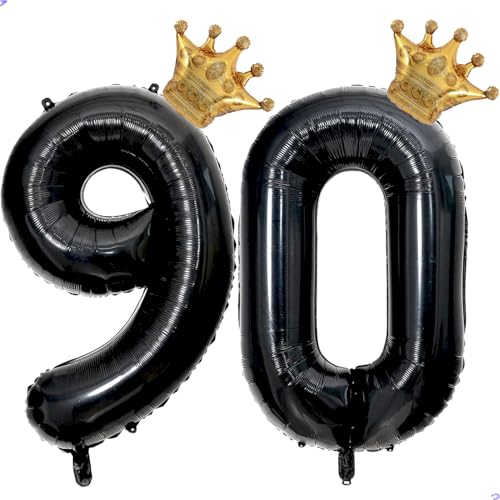 40 inch Large Black 90 Balloon Number with Gold Crown Balloons 90th Birthday Big Foil Mylar Helium Balloon for Women Man 90th Birthday Anniversary Decorations Supplies Favors(Number 90 Balloons）