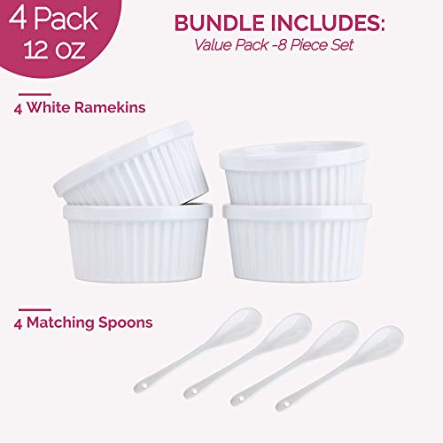 Souffle Dish Ramekins For Baking – 12 Ounce (Set Of 4, White With 4 Extra Spoons) 12 Oz Ceramic Oven Safe Round Fluted Ramekin Bowl For Desserts Soups Snacks Quiche Appetizers Casserole Creme Brulee #TOP1
