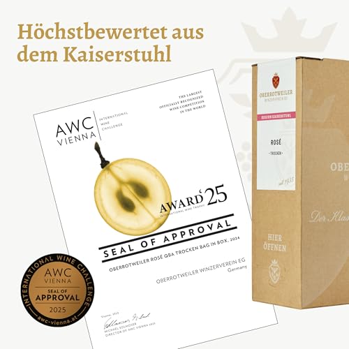 Oberrotweiler Wein-Box Rosé 3 Liter QbA trocken – BRONZE 2025 AWC Vienna – Zarte Fruchtaromen nach Pfirsich, Apfel und Zitrusfrüchten – Badischer Wein, Anbaugebiet Baden (1 x 3,0 l Bag-in-Box)