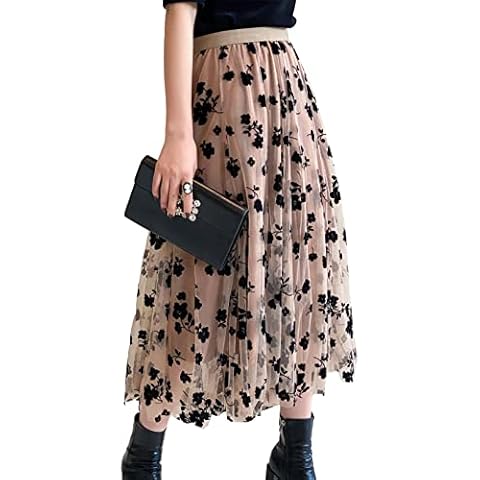 jsadfojas Womens Tulle Skirt Elastic High Waist Floral Print Mesh Overlay Layered A-Line Skirt Midi Skirt Big Hem Skirt (Khaki2, One Size) Cover