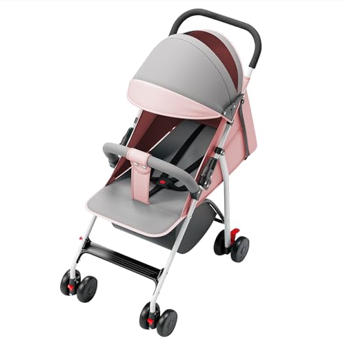 Passeggino per neonati, ultraleggero, compatto, pieghevole e inclinabile, dalla nascita fino a 25 kg, con sistema trolley, parapioggia incluso, tettuccio estraibile - C-rosa